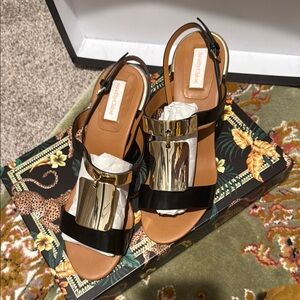 See by Chloe Black and Gold Sandals with Fringe Detail